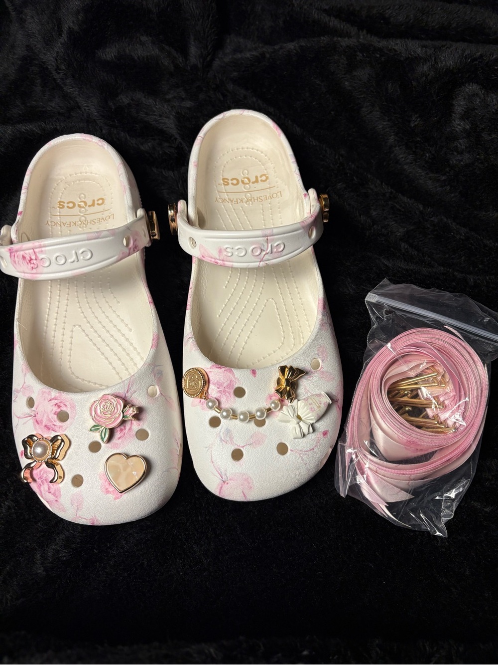 LOVESHACKFANCY X CROCS White & Pink Floral Mary Jane Shoes with Charms